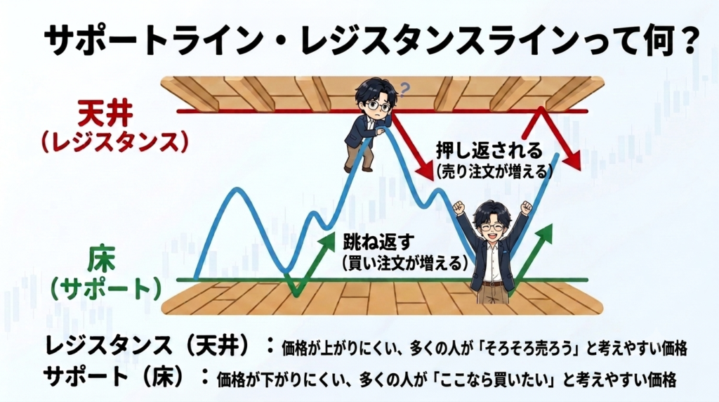 サポートラインとレジスタンスラインの基本を図解したイラスト