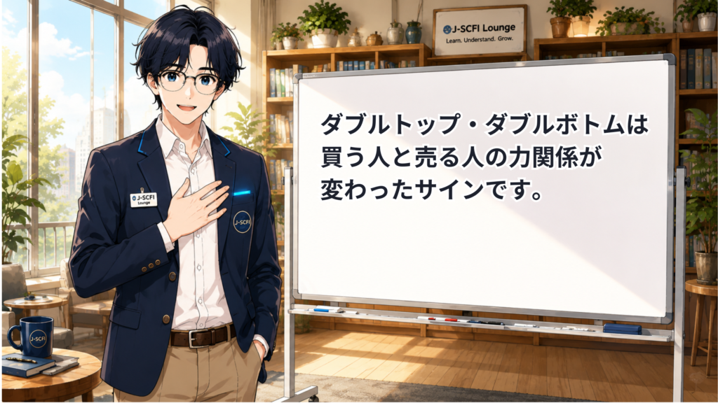 J-SCFI先輩がダブルトップ・ダブルボトムの基本を説明しているイラスト