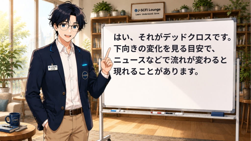 J-SCFI先輩がデッドクロスの基本を説明しているイラスト