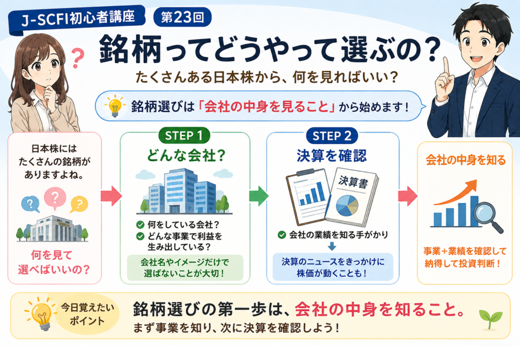 銘柄ってどうやって選ぶの？の基本を図解した初心者向けイラスト