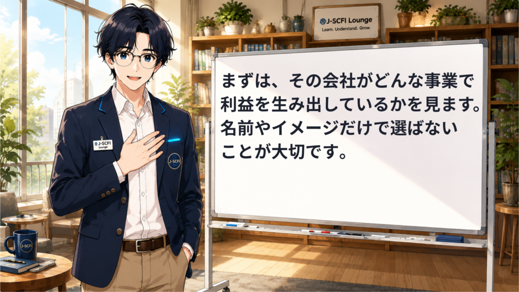 J-SCFI先輩が銘柄ってどうやって選ぶの？の基本を説明しているイラスト