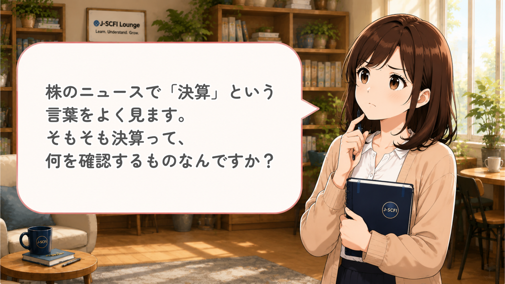 初心者女性が決算について最初の疑問を話しているイラスト