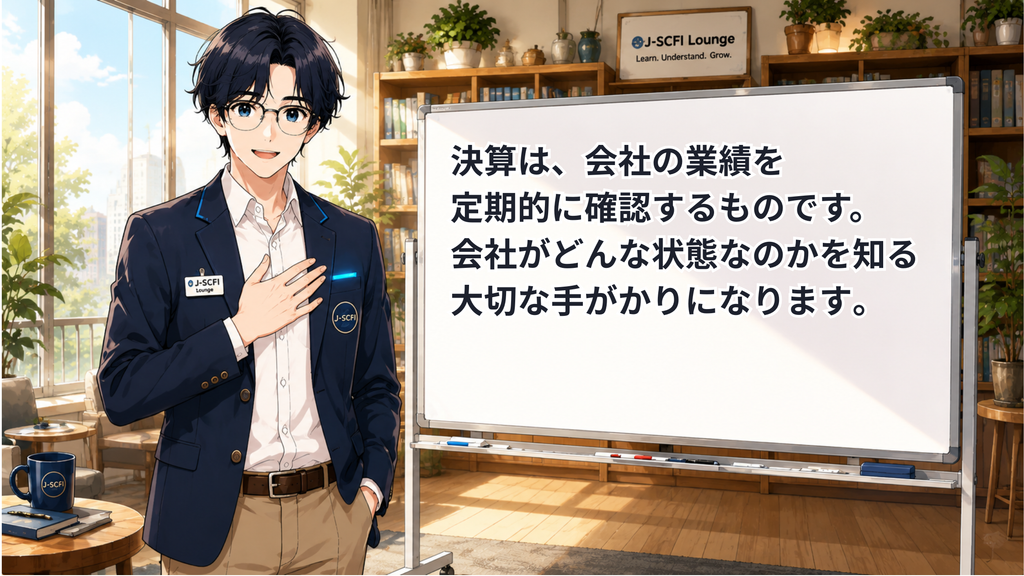 J-SCFI先輩が決算の基本を説明しているイラスト