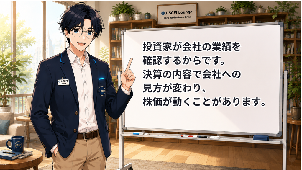 J-SCFI先輩がニュース・株価・投資とのつながりを説明しているイラスト