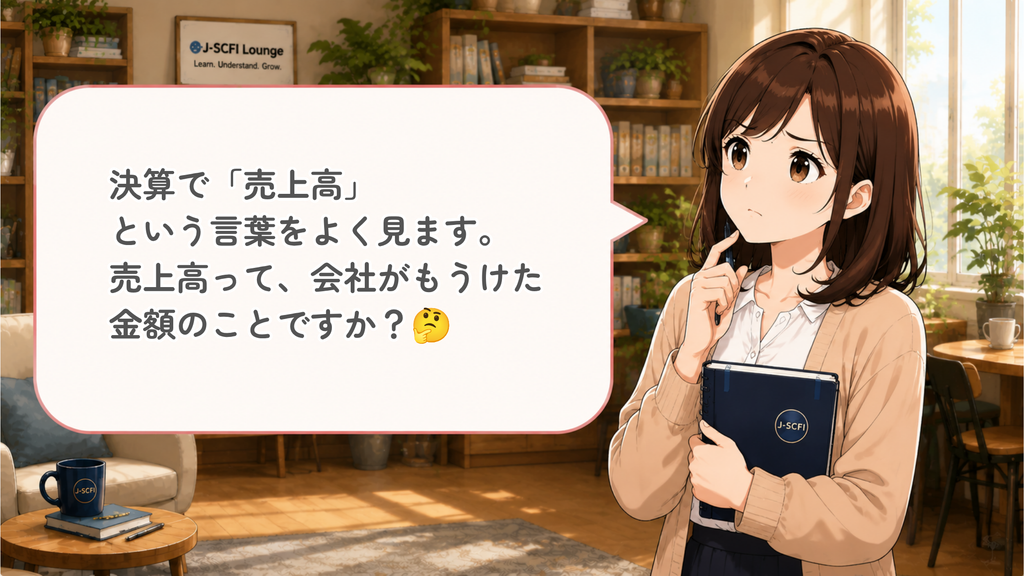 初心者女性が売上高について最初の疑問を話しているイラスト