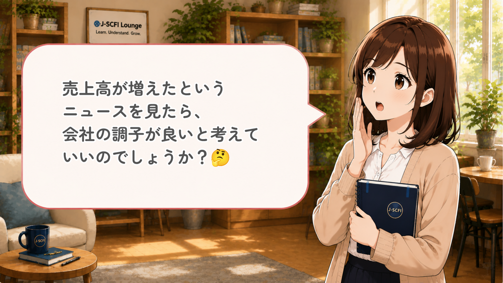 初心者女性がニュースとの関係について質問しているイラスト