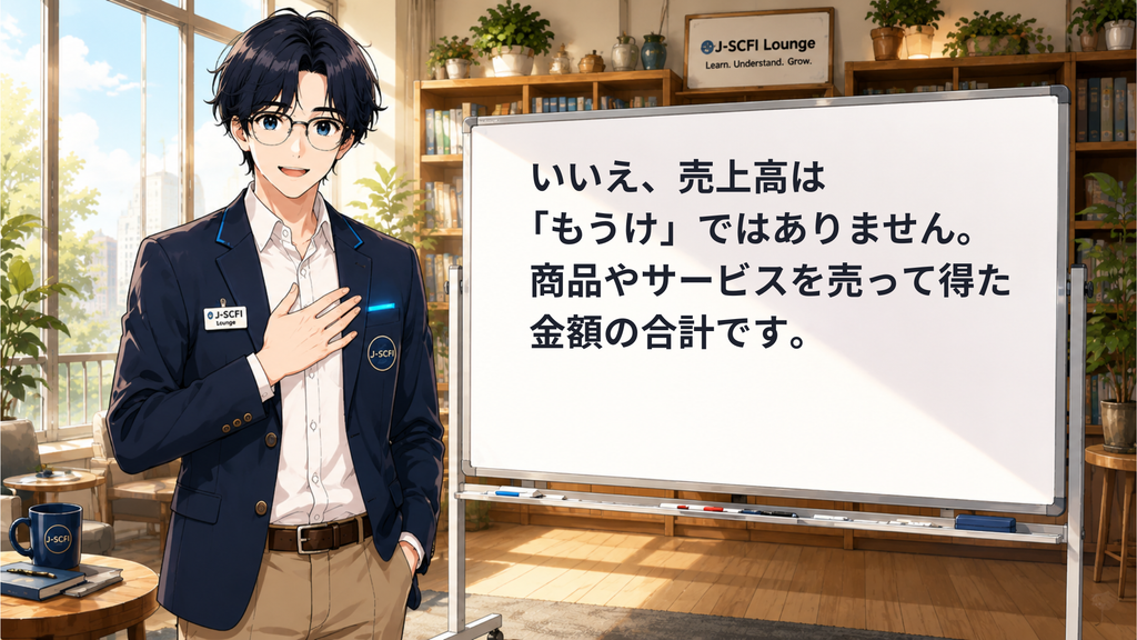 J-SCFI先輩が売上高の基本を説明しているイラスト