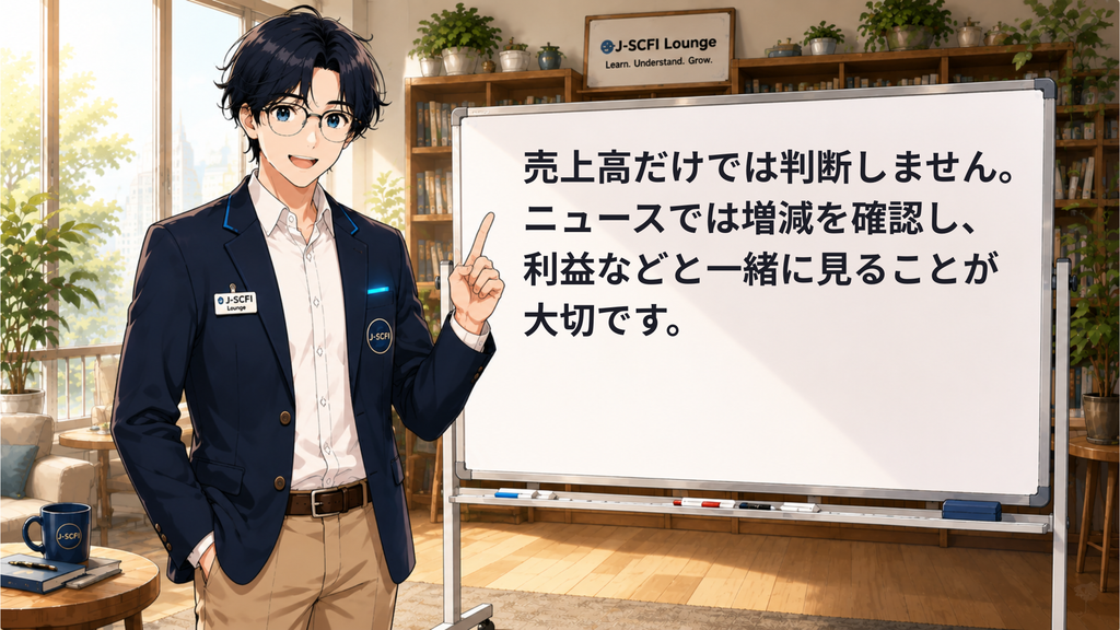 J-SCFI先輩がニュース・株価・投資のつながりを説明しているイラスト