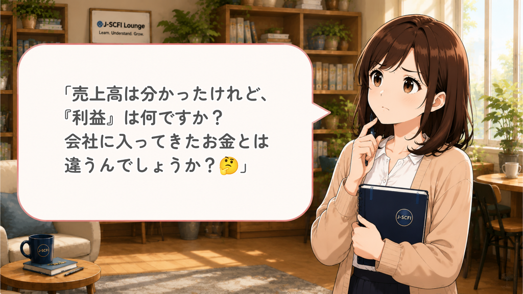 初心者女性が利益について最初の疑問を話しているイラスト