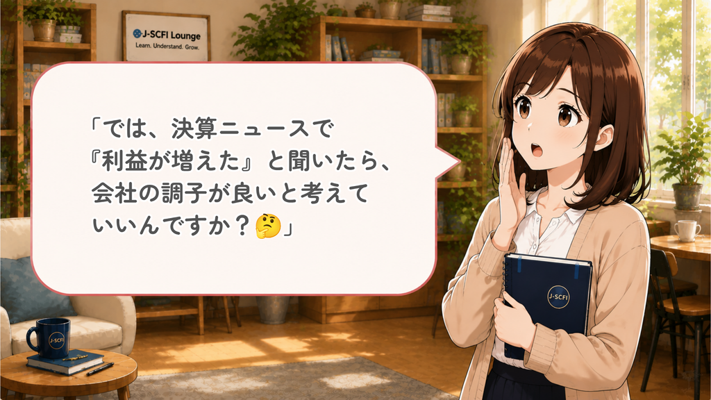 初心者女性が利益についてさらに質問しているイラスト