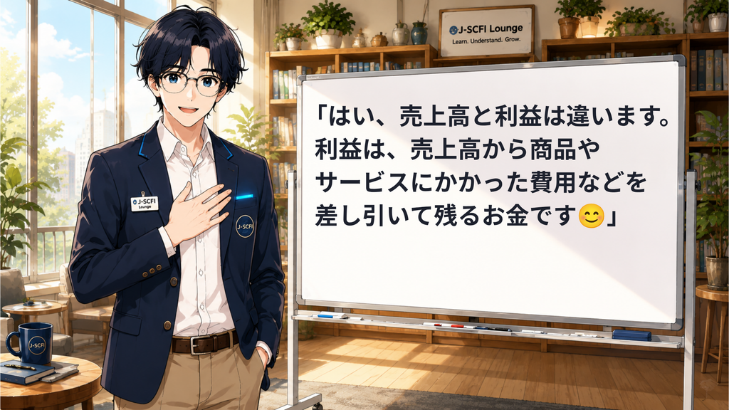 J-SCFI先輩が利益の基本を説明しているイラスト
