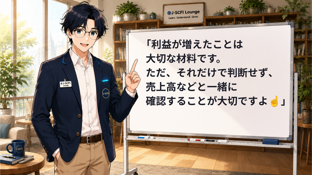 J-SCFI先輩がニュース・株価・投資とのつながりを説明しているイラスト
