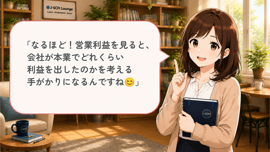 初心者女性が営業利益を理解したことを話しているイラスト

