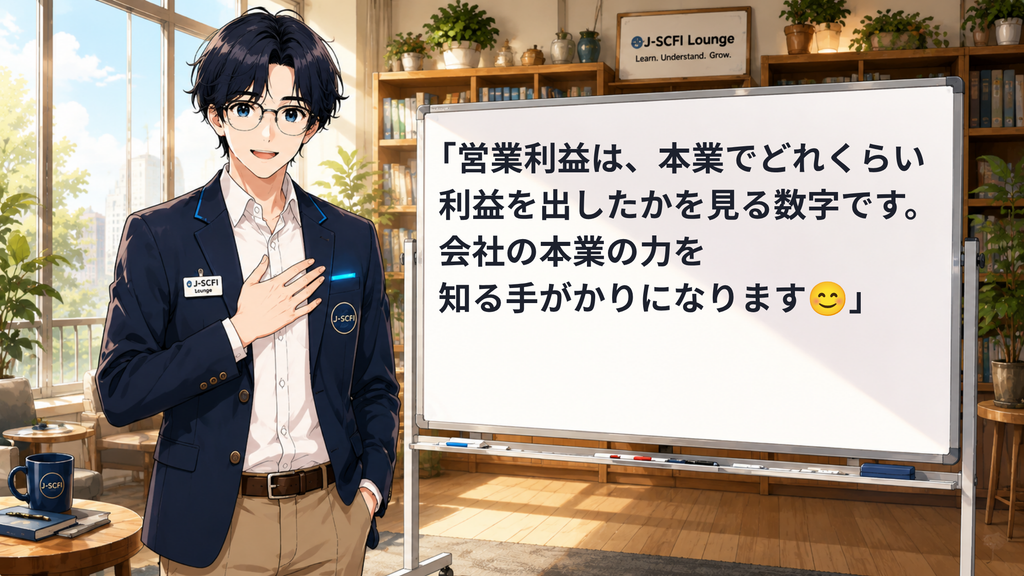 J-SCFI先輩が営業利益の基本を説明しているイラスト