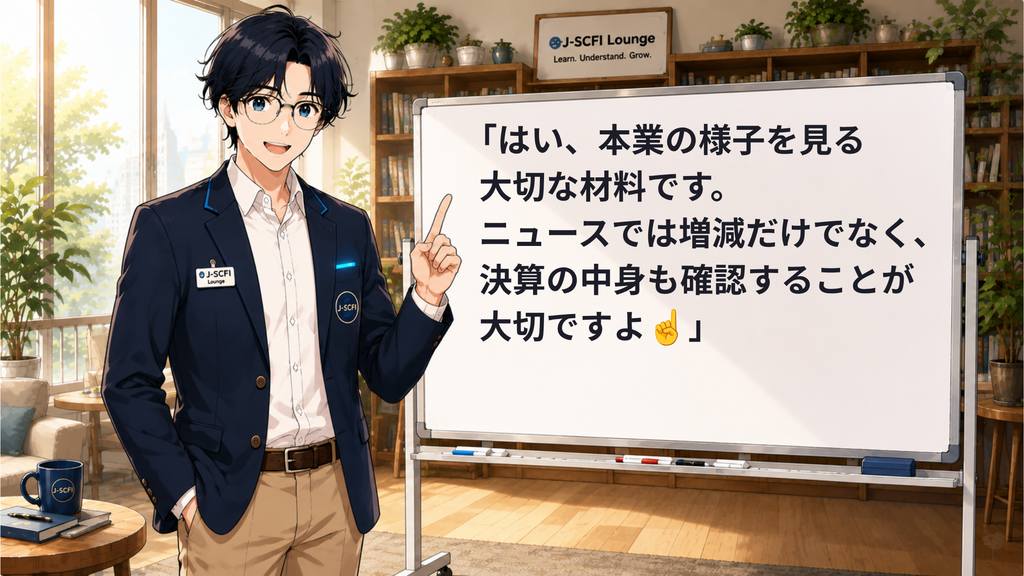 J-SCFI先輩がニュース・株価・投資のつながりを説明しているイラスト