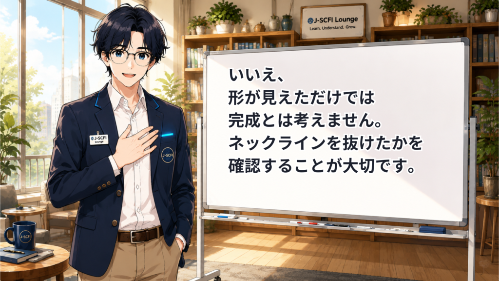 J-SCFI先輩が形だけでは完成ではなくネックラインの確認が大切だと説明するイラスト