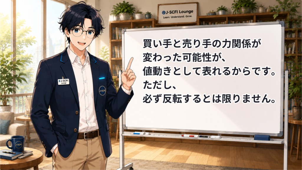 J-SCFI先輩がネックラインと買い手・売り手の力関係について説明するイラスト