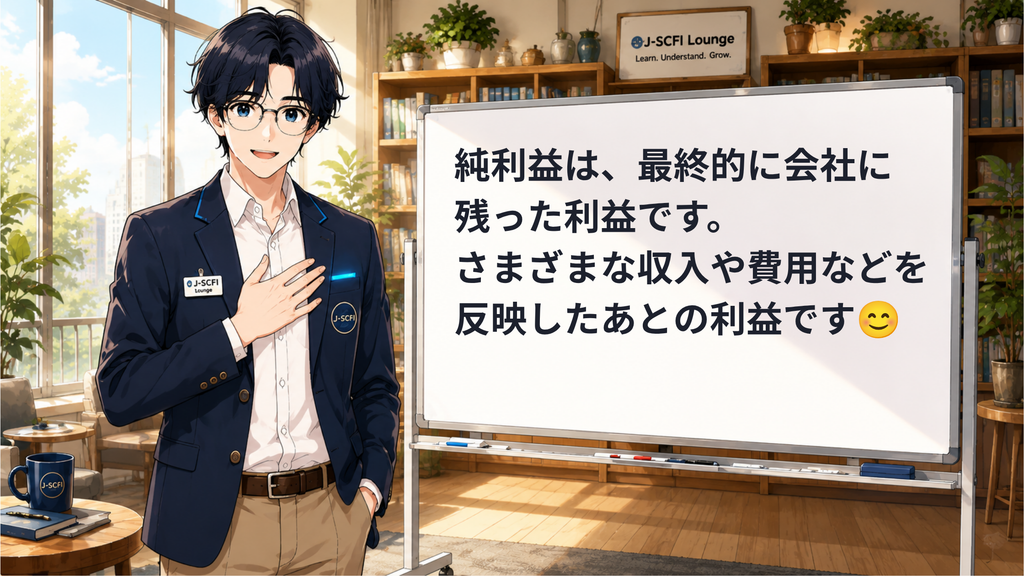 J-SCFI先輩が純利益の基本を説明しているイラスト

