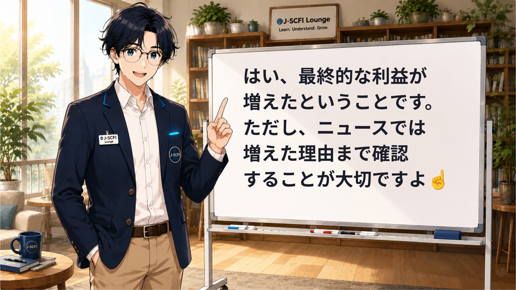 J-SCFI先輩がニュース・株価・投資のつながりを説明しているイラスト
