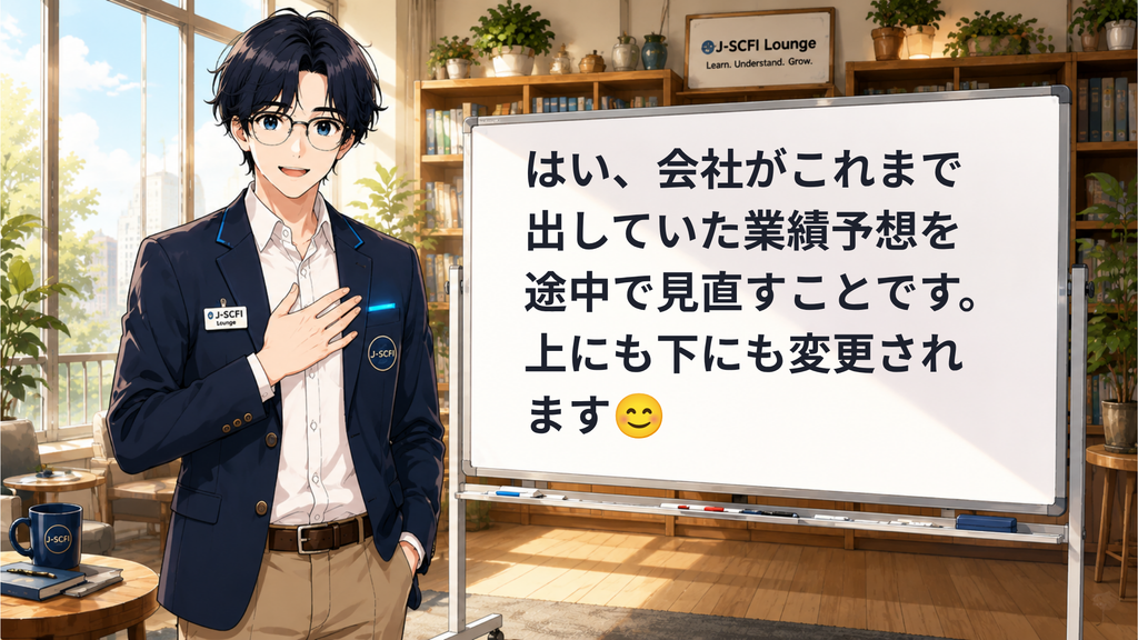 J-SCFI先輩が上方修正・下方修正の基本を説明しているイラスト