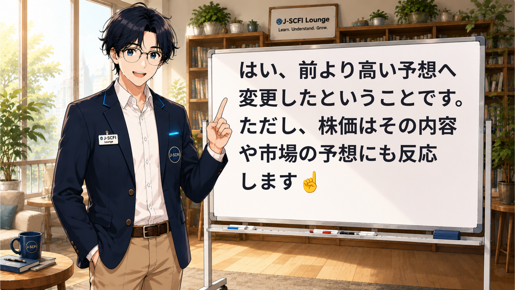 J-SCFI先輩がニュース・株価・投資のつながりを説明しているイラスト