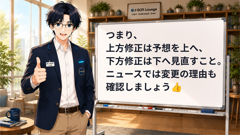 J-SCFI先輩が今日のポイントをまとめているイラスト