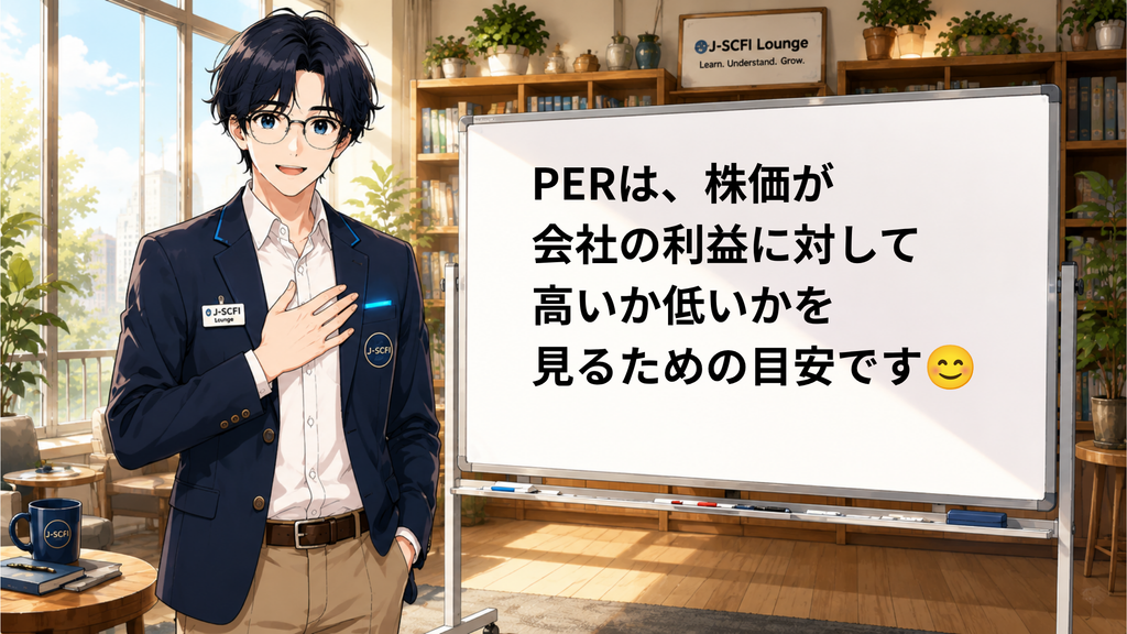 J-SCFI先輩がPERの基本を説明しているイラスト