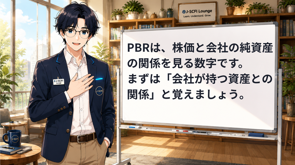 J-SCFI先輩がPBRの基本を説明しているイラスト
