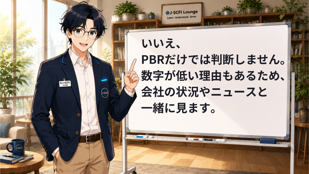 J-SCFI先輩がニュース・株価・投資のつながりを説明しているイラスト
