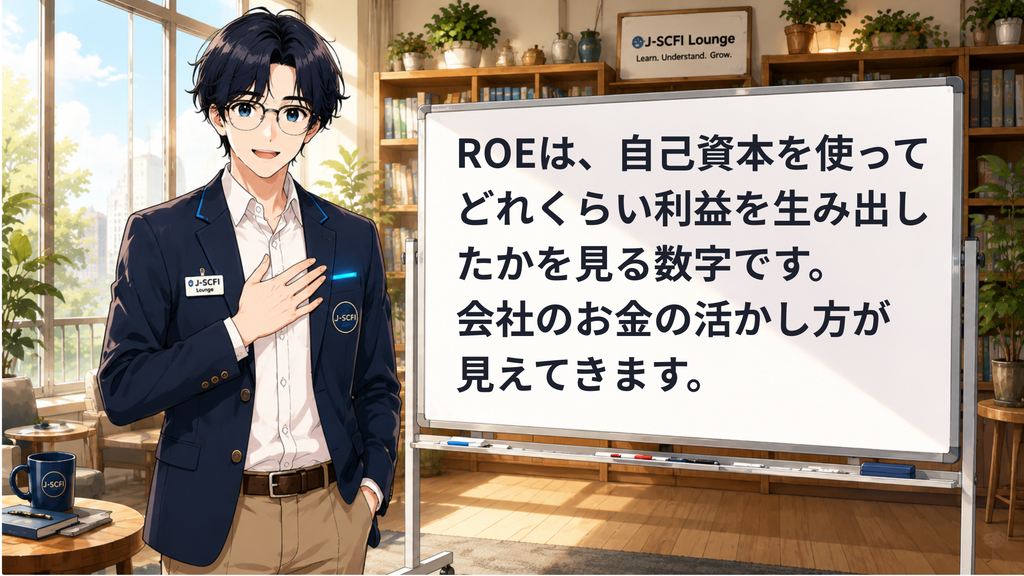 J-SCFI先輩がROEの基本を説明しているイラスト