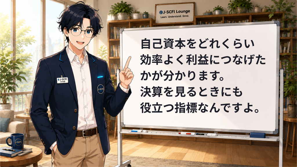 J-SCFI先輩がニュース・株価・投資のつながりを説明しているイラスト
