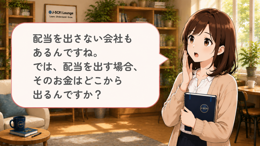 初心者女性が配当についてさらに質問しているイラスト