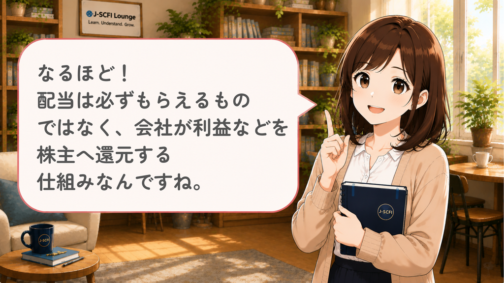 初心者女性が配当を理解したことを話しているイラスト