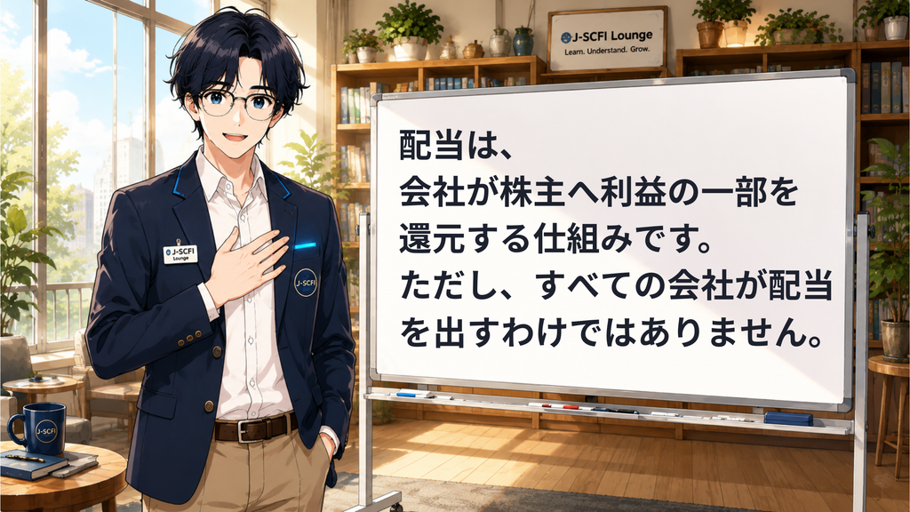 J-SCFI先輩が配当の基本を説明しているイラスト