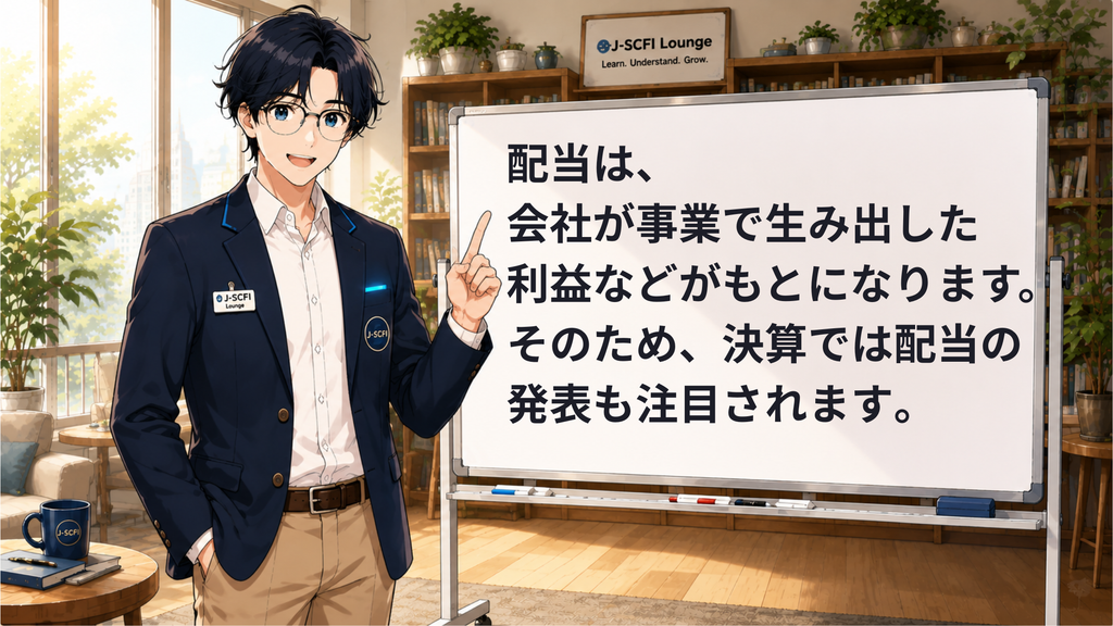 J-SCFI先輩がニュース・株価・投資のつながりを説明しているイラスト