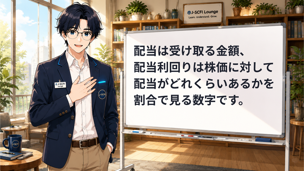 J-SCFI先輩が配当利回りの基本を説明しているイラスト