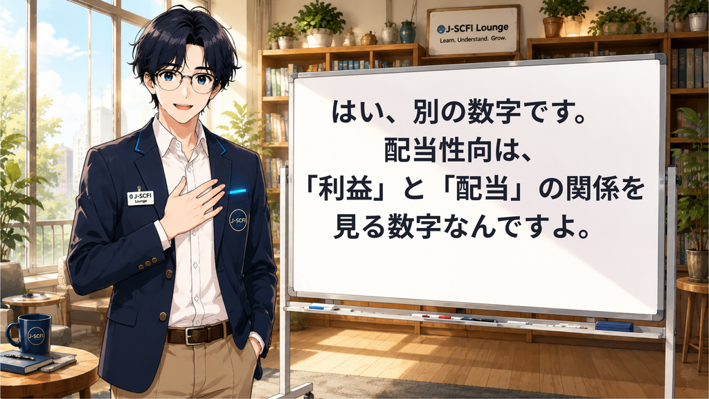 J-SCFI先輩が配当性向の基本を説明しているイラスト