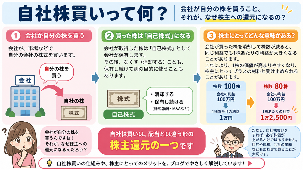 自社株買いの基本を図解した初心者向けイラスト