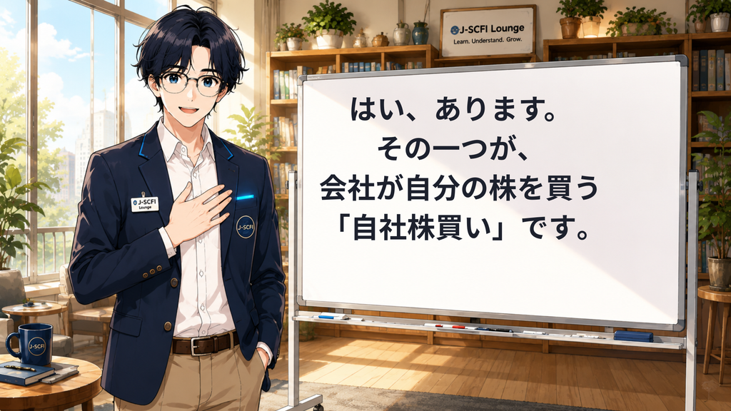 J-SCFI先輩が自社株買いの基本を説明しているイラスト