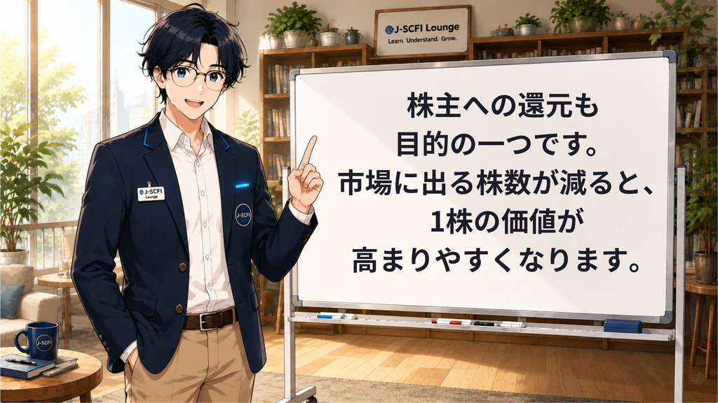 J-SCFI先輩がニュース・株価・投資とのつながりを説明しているイラスト