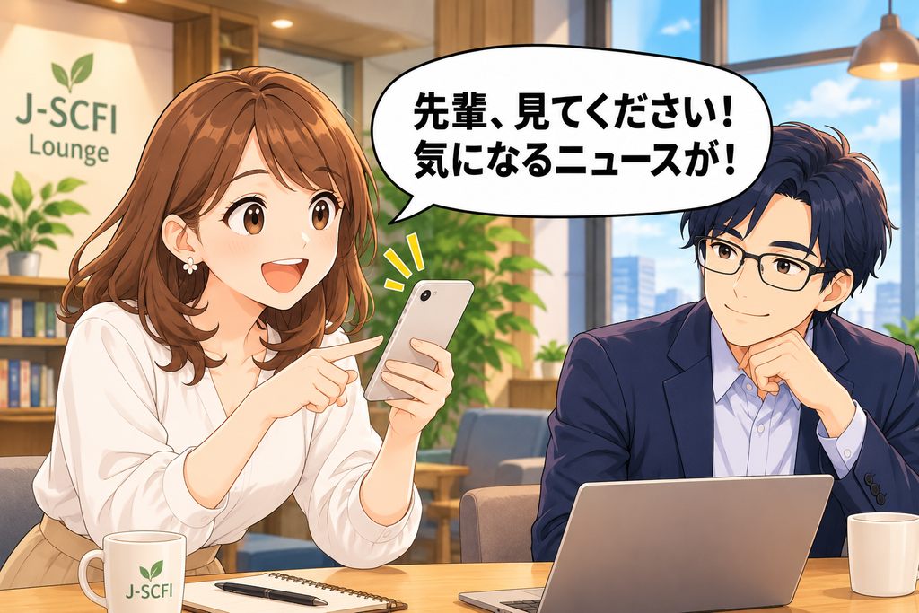 株主還元のニュースを見つけてJ-SCFI先輩に話しかける初心者女性