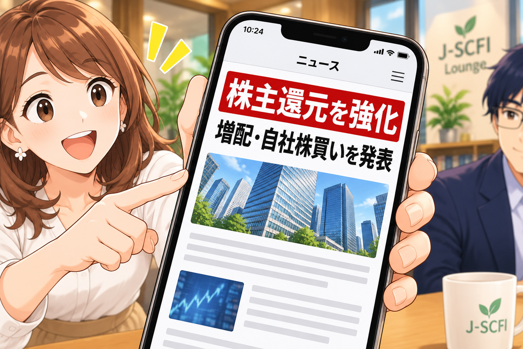 「株主還元を強化、増配・自社株買いを発表」というニュースを見る場面