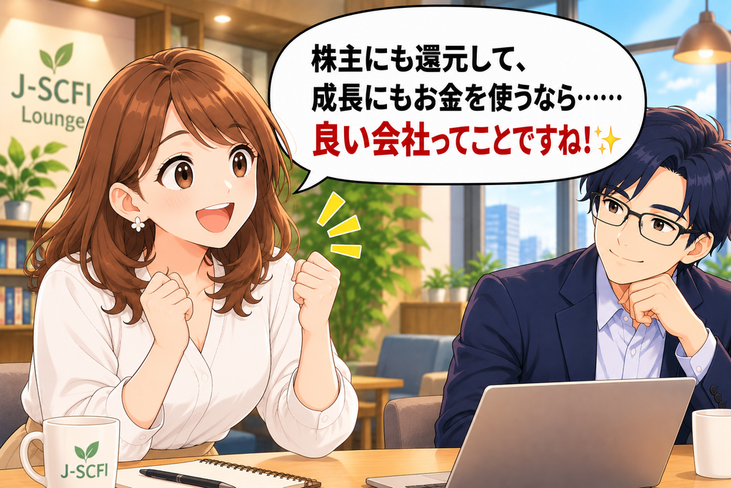 株主還元と成長投資の両方を行う会社について考える初心者女性