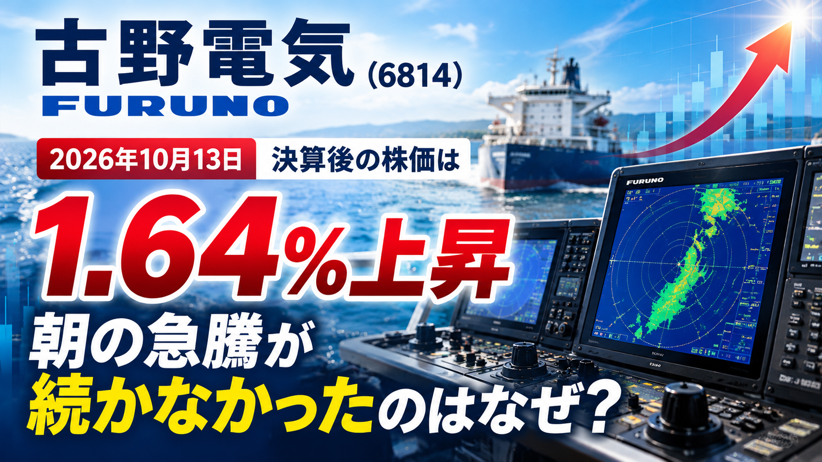 古野電気（6814）の決算発表後の株価は1.64％上昇。朝の急騰が続かなかった理由を考えるアイキャッチ画像
