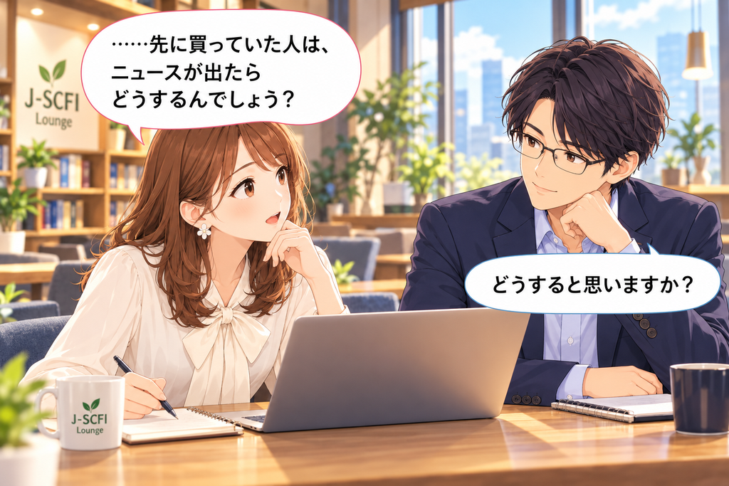 ニュース発表前に株を買った人は、その後どうするのかを先輩に尋ねるあかりさん