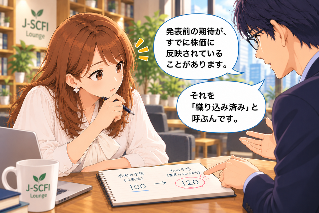 発表前の期待が株価に反映される「織り込み済み」を説明する先輩