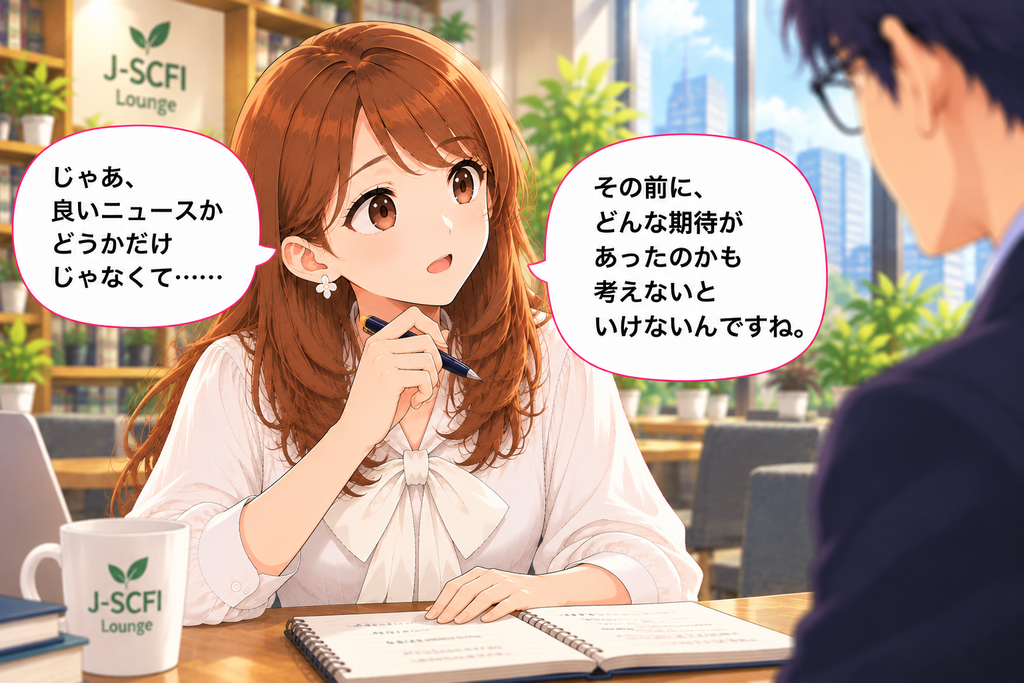 良いニュースだけでなく、事前の市場の期待も大切だと気づくあかりさん