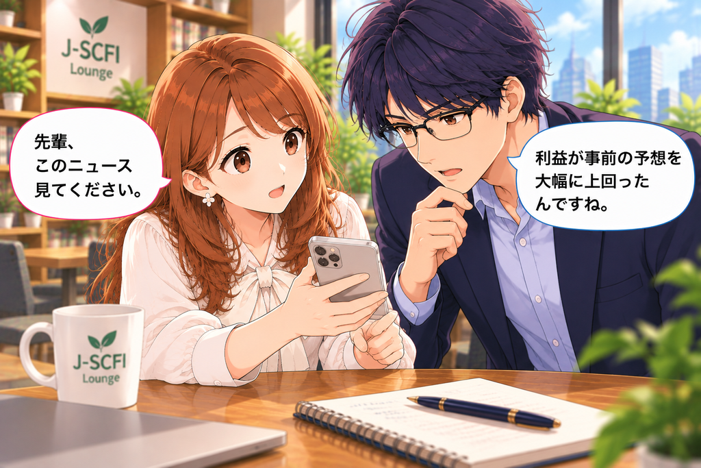事前予想を大幅に上回る別の会社の決算ニュースをスマートフォンで先輩と確認するあかりさん