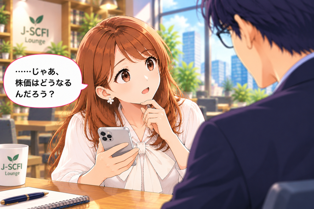 スマートフォンを手に、予想を上回る決算発表後の株価がどう動くのか疑問を抱くあかりさん