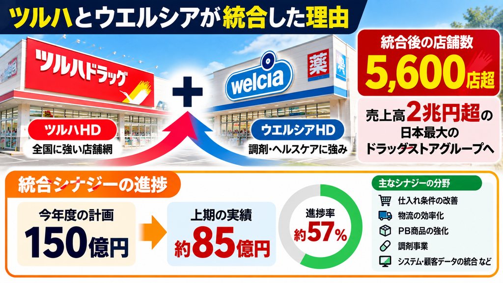 ツルハHDとウエルシアHDの統合と、年間150億円計画に対して上期約85億円まで進んだ統合シナジーを示す図